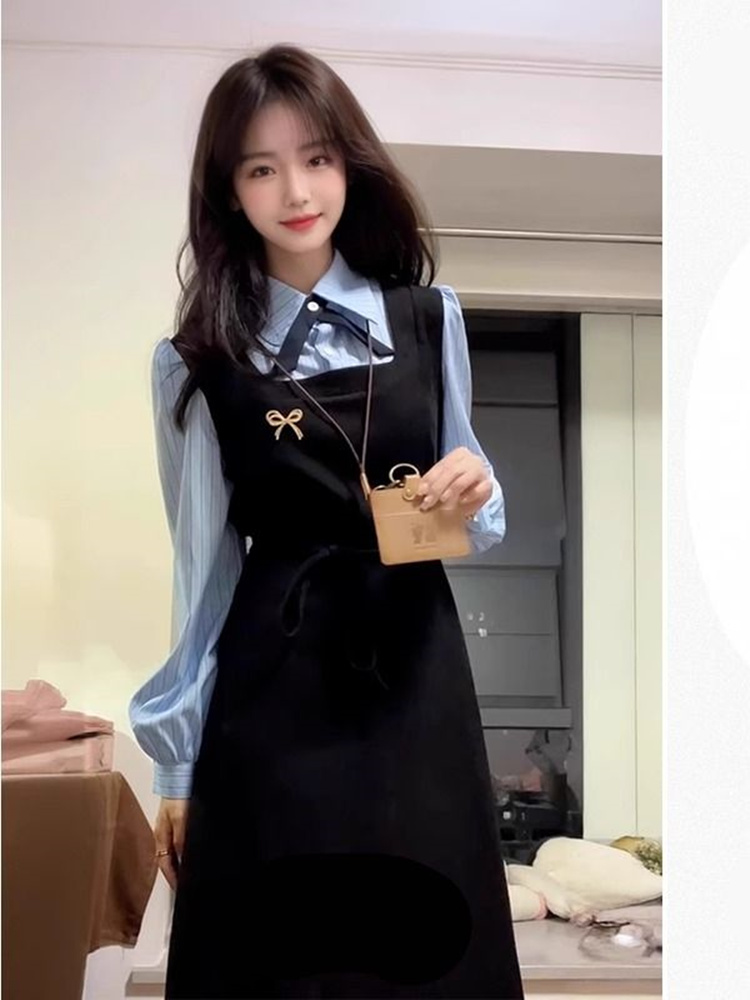 Korean Style A Line Shirt Dress - 上品な黒のカレッジスタイルシャツワンピース、レディース、春・秋、韓国ファッション、ロングドレス、レトロなAラインスカート、長袖、襟付き。