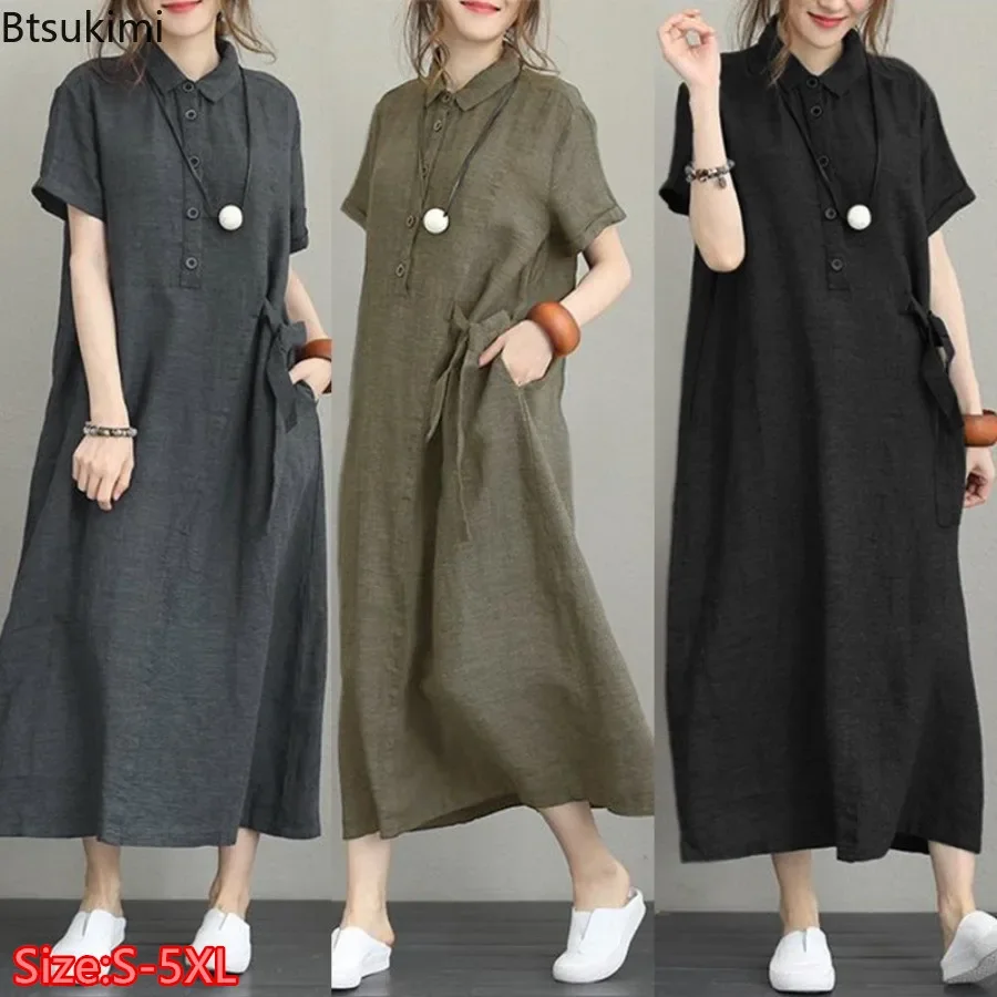 Casual Loose Linen Shirt Dress - 2026 夏ドレスシンプルなヴィンテージコットンリネンロングドレス女性のためのファッションカジュアル半袖シャツドレス固体 Vestidaos ローブ
