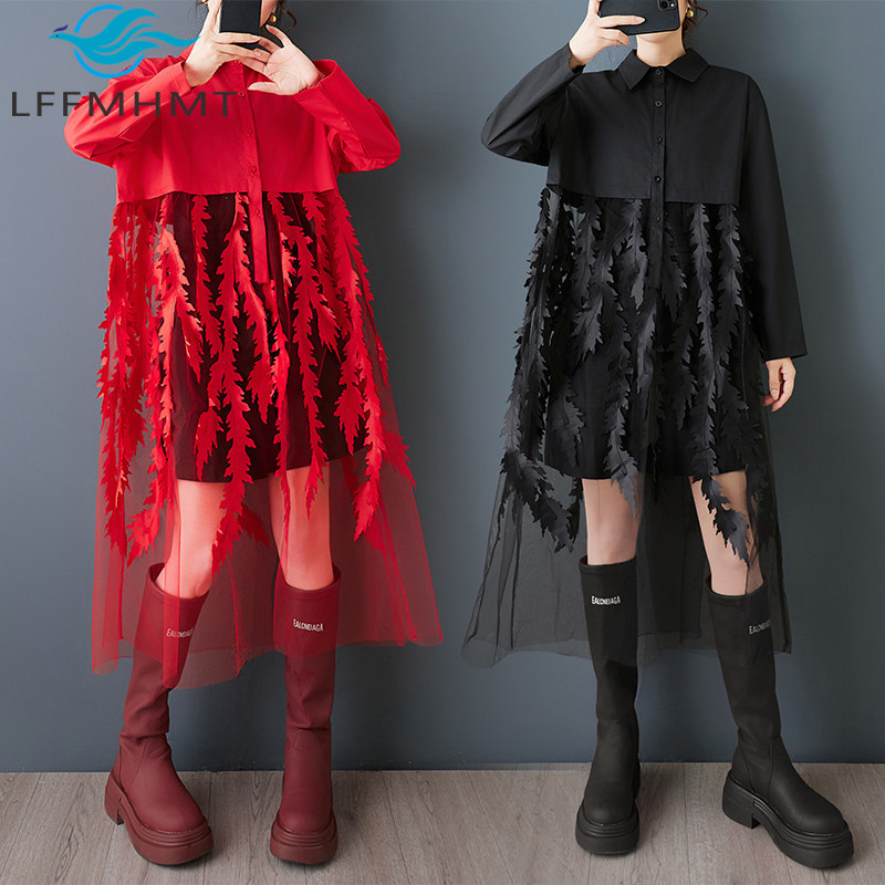 Korean Style A Line Shirt Dress - 春の新作ルーズ花柄シャツドレス女性のための韓国スタイルクリエイティブ中空カジュアル長袖甘いシフォンフロック