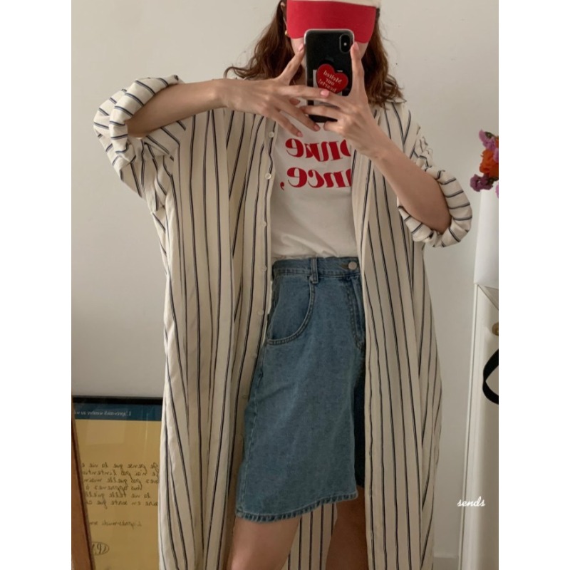 Korean Style A Line Shirt Dress - 韓国ミニマリストルーズカラーストライプレイジースタイルドレスファッションオフショルダースリーブシャツガウンヴィンテージ原宿ボディコンドレス
