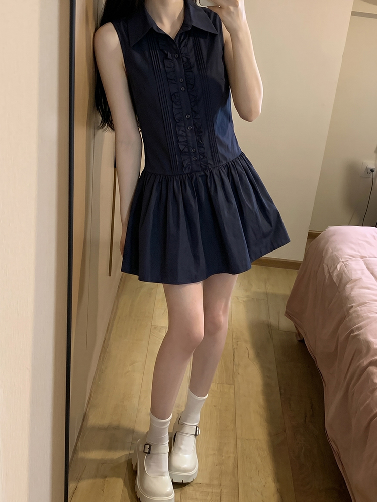 Korean Style A Line Shirt Dress - スリム効果のある韓国風カレッジスタイルシャツワンピース レディース 夏新作 ウエストシェイプAラインミニワンピース