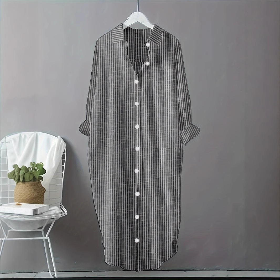 Casual Loose Linen Shirt Dress - ヴィンテージ風コットンリネンストライプシャツワンピース レディースブラウストップ オーバーサイズロングシャツワンピース 春夏