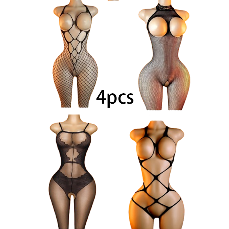 Lingerie - 4点セット：ブラックカットアウトオープンバックランジェリーボディスーツ – バレンタインデーのデートや特別な機会に最適