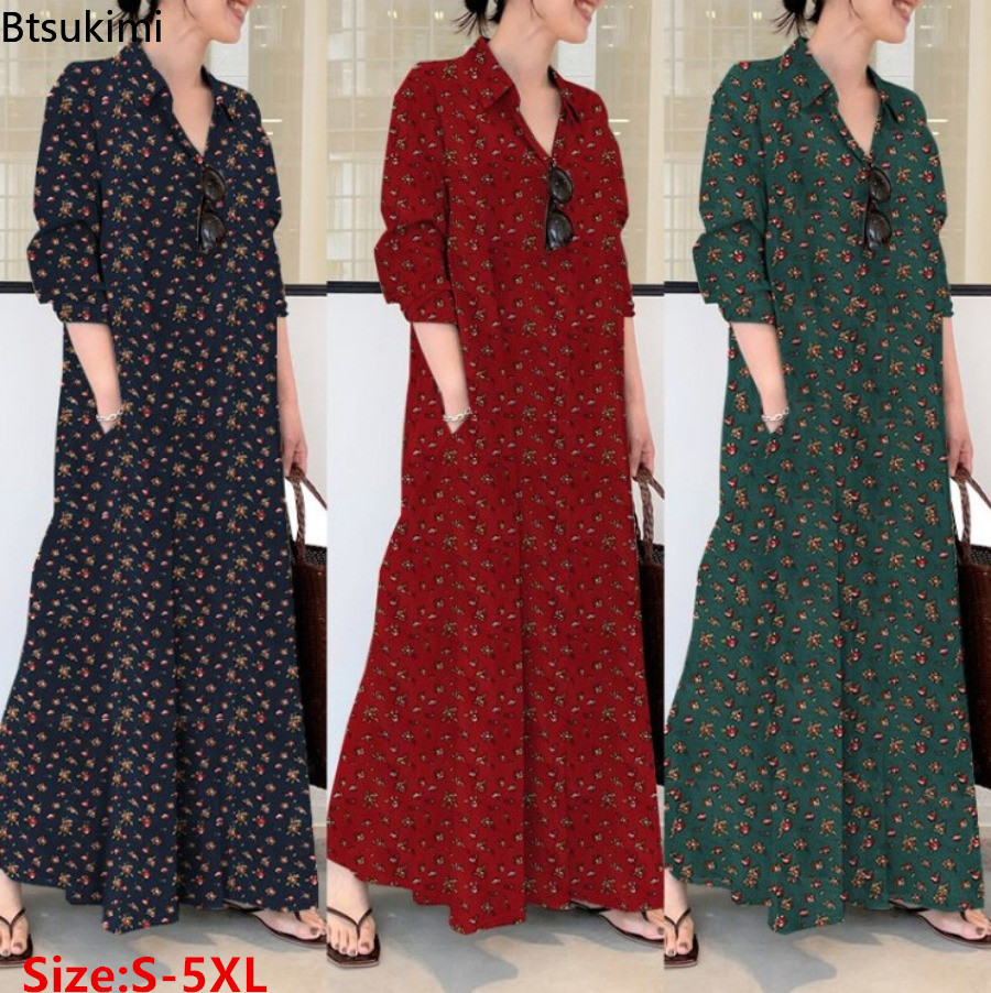Casual Loose Linen Shirt Dress - レディースプリントロングスタイルシャツワンピース 快適なコットンリネン長袖アバヤ 女性用シンプルカジュアルポケットマキシワンピース