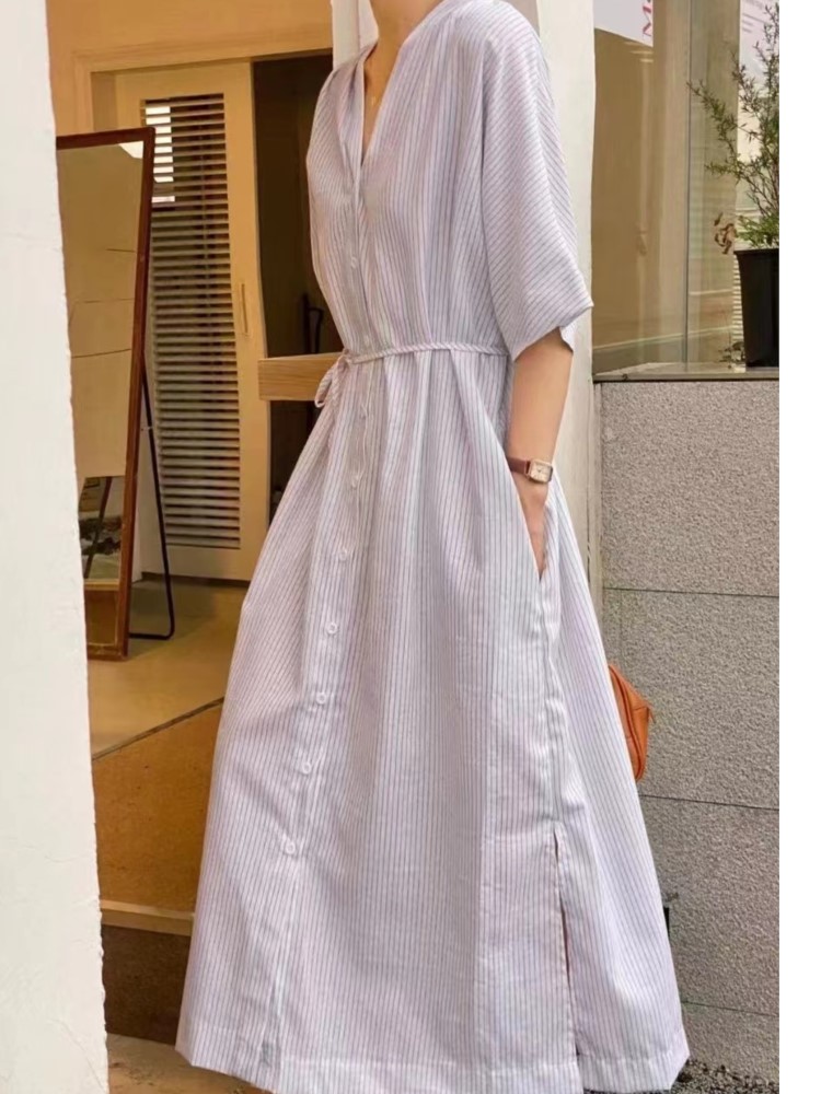 Casual Loose Linen Shirt Dress - 夏のヴィンテージストライプリネンシャツ女性ドレス新半袖カジュアルルーズシングルブレスト V ネックレディースドレス Vestidos