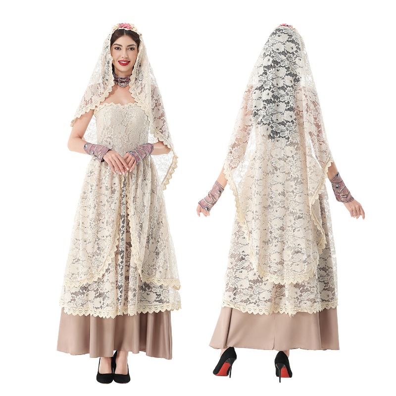 Dresses - レースのベールが付いた、ストラップレスのフローラル柄ロングガウン。ハロウィーン、結婚式、テーマパーティー、大人向けのコスチュームに最適な、ヴィンテージ風のレースマキシドレス。