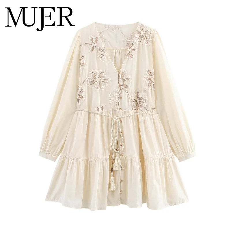 French Vintage Floral Midi Dress - MUJER 花刺繍ミニドレス女性タッセルプリーツショートドレス女性の夏のビーチの女性のドレス自由奔放に生きるドレス女性
