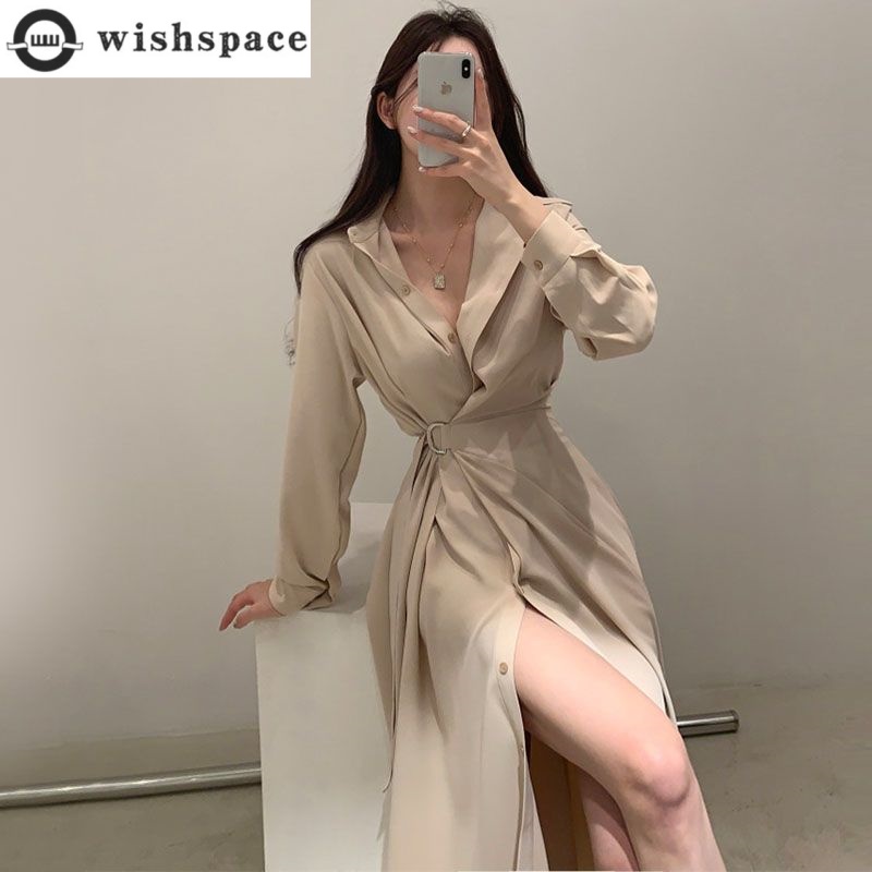 Korean Style A Line Shirt Dress - 長袖ラペルシャツスタイルドレス韓国スタイルエレガントな女性のウエスト締め付けドレスサマーローブ