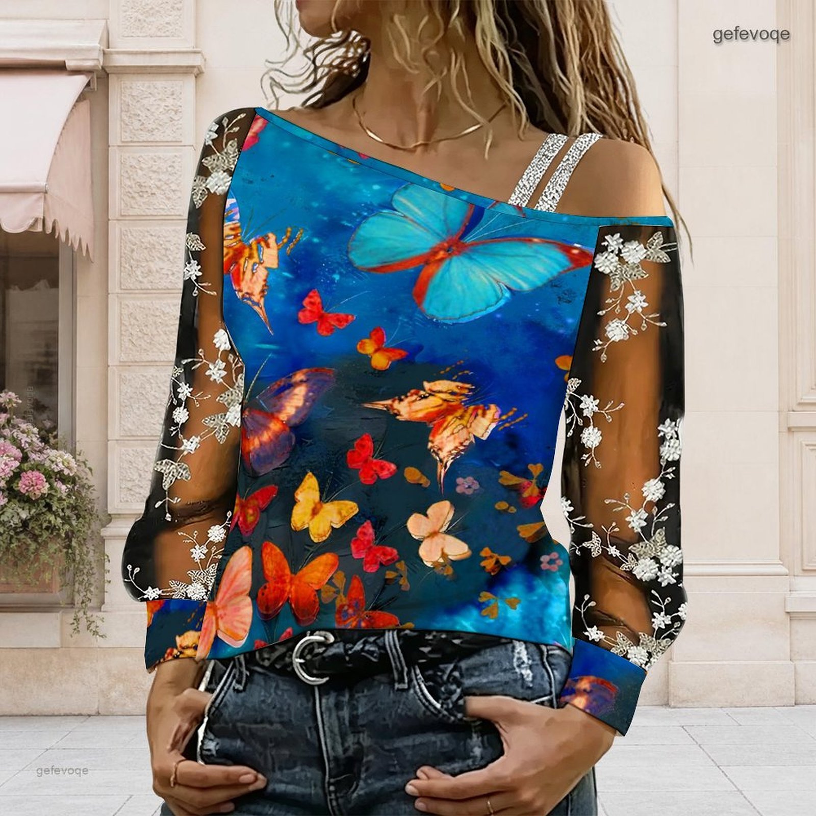 Blouses - 女性用オフショルダーブラウス、アシンメトリーなワンショルダートップ、レース花柄メッシュ、長袖スリングディテール、ルーズカジュアルTシャツ