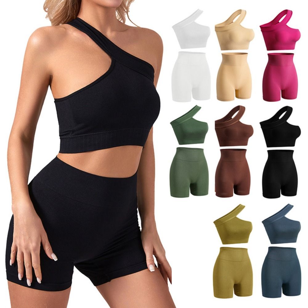 Seamless Ribbed Workout Tank Top - 2点セット、カジュアルでシームレスな女性用ワークアウトウェア。リブ編みのワンショルダーデザイン、ハイウエストのタンクトップ、スポーツブラ、ジム用。