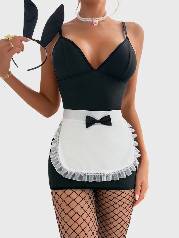 Lingerie - Ellolace ハロウィンランジェリーファム超ホット官能的なドレスエプロンバニーヘッドバンドストッキングセクシーなミニボディコンメイドコスプレ衣装