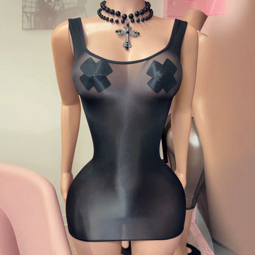 Sexy Mesh Sheer Bodycon Dress - JENYAGE セクシーな光沢感のあるシースルー素材のタンクトップミニドレス。伸縮性のあるメッシュ生地を使用し、ボディラインにフィットするデザイン。ナイトクラブやパーティーに最適な、袖なしのスクープネックで、透け感のある美しいシルエット。