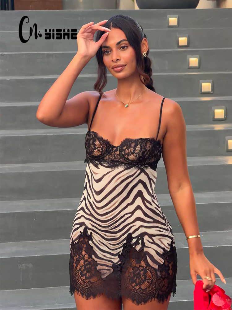 Sexy Mesh Sheer Bodycon Dress - CNYISHE キャミソール ゼブラ柄 レース パッチワーク レディース