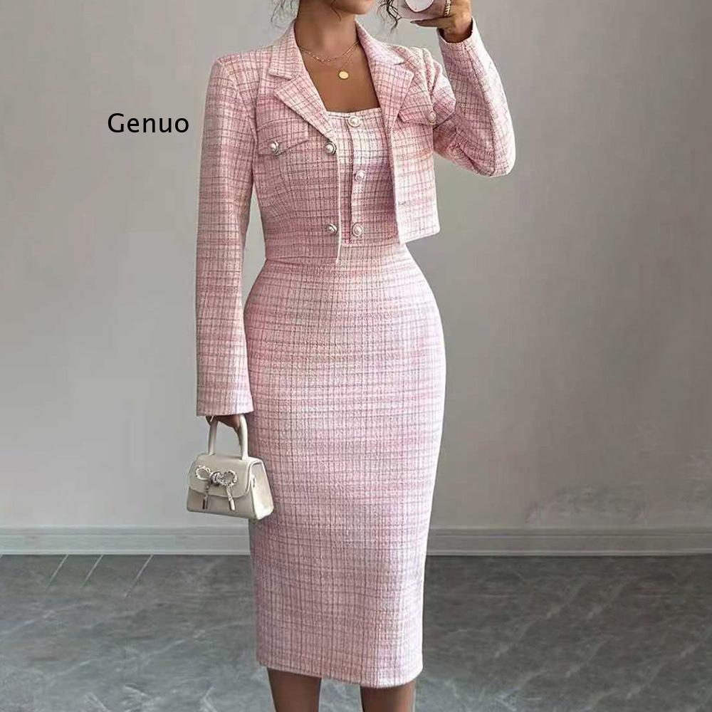 Tweed Two Piece Blazer Dress - 2026年新作 レディース エレガント ツイード ツーピースセット クロップドブレザーとボディコンミディドレス