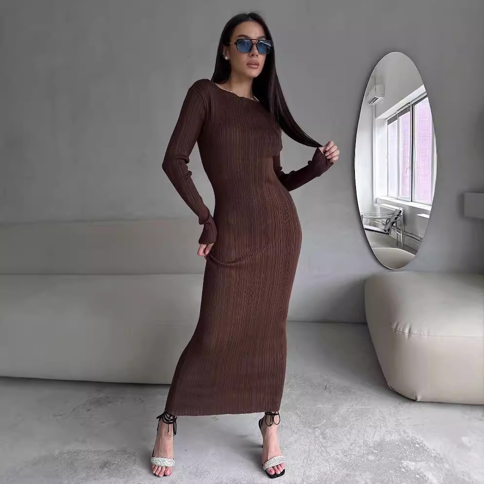 Bodycon Long Sleeve Ribbed Dress - レディース エレガント クルーネック ウエストシェイプ スリム リブニット