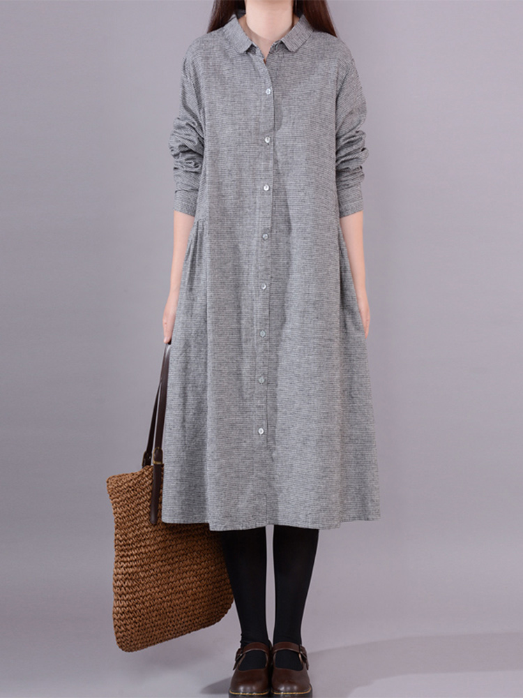 Korean Style A Line Shirt Dress - 女性の長袖コットンリネンチェック柄シャツドレス非対称ルーズウエスト韓国スタイル冬通勤Aラインスカート