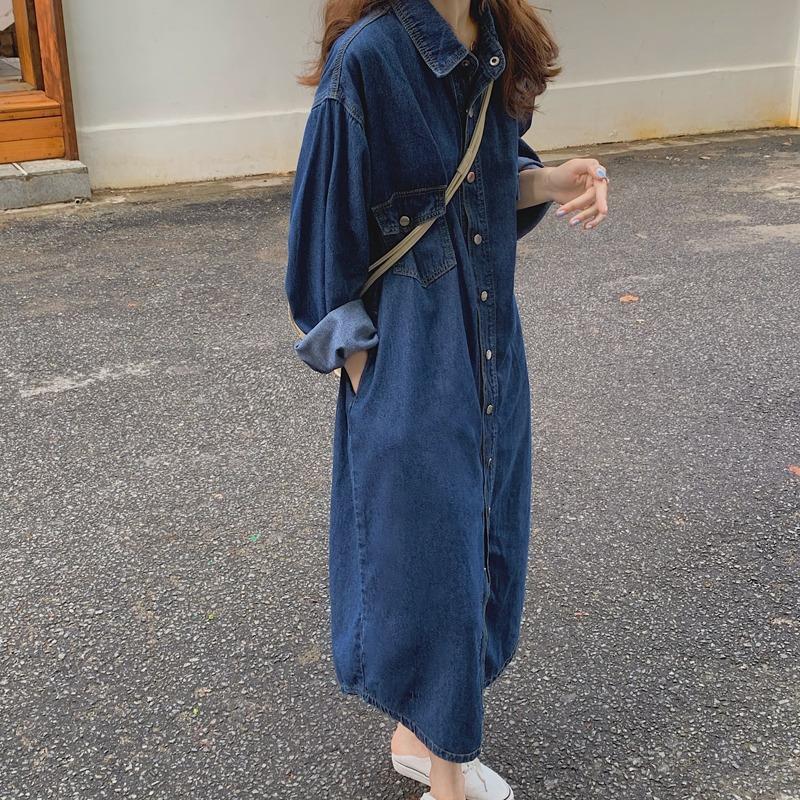 Korean Style A Line Shirt Dress - 2026 新しい女性デニムシャツドレス長袖膝丈マキシドレス韓国ルーズスリムエレガント秋ロング衣装
