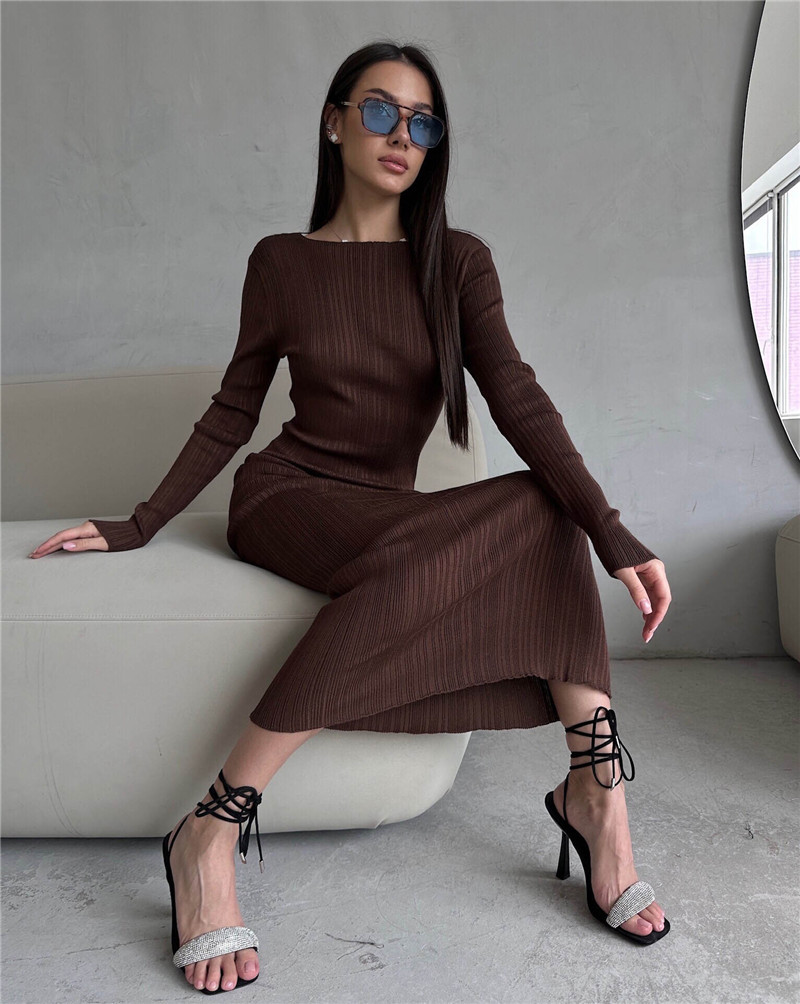 Bodycon Long Sleeve Ribbed Dress - Vsstiar-レディースリブニットドレス,ラウンドネック,長袖,タイト,マキシ,エレガント,カジュアル,女性用,新しいファッション,直接配達