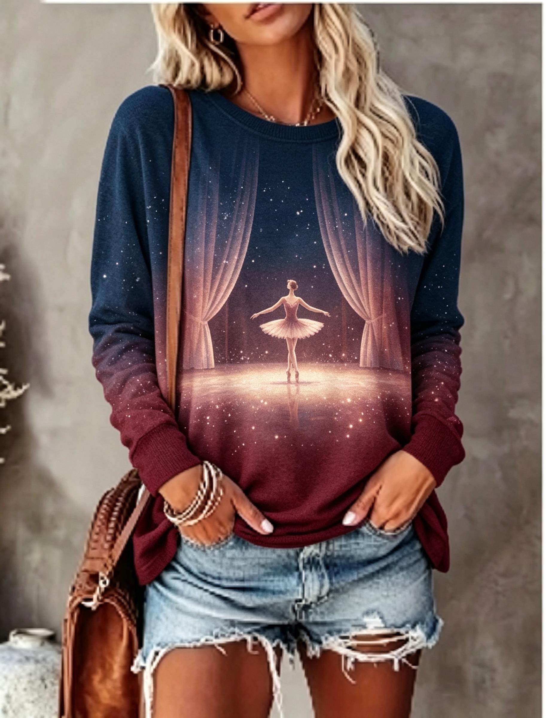 Blouses - 女性用長袖Tシャツ バレエダンサー ステージカーテン スターグローグラデーションプリント クルーネックトップス