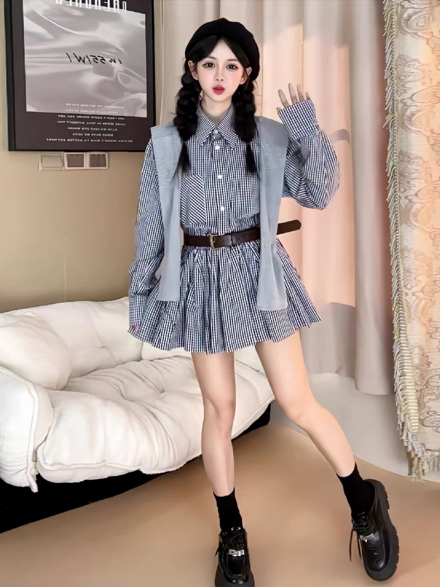 Korean Style A Line Shirt Dress - 初秋の韓国風シャツドレス ヴィンテージチェック柄スカート スタンドカラー カレッジスタイル 長袖ショール Aラインショートスカート