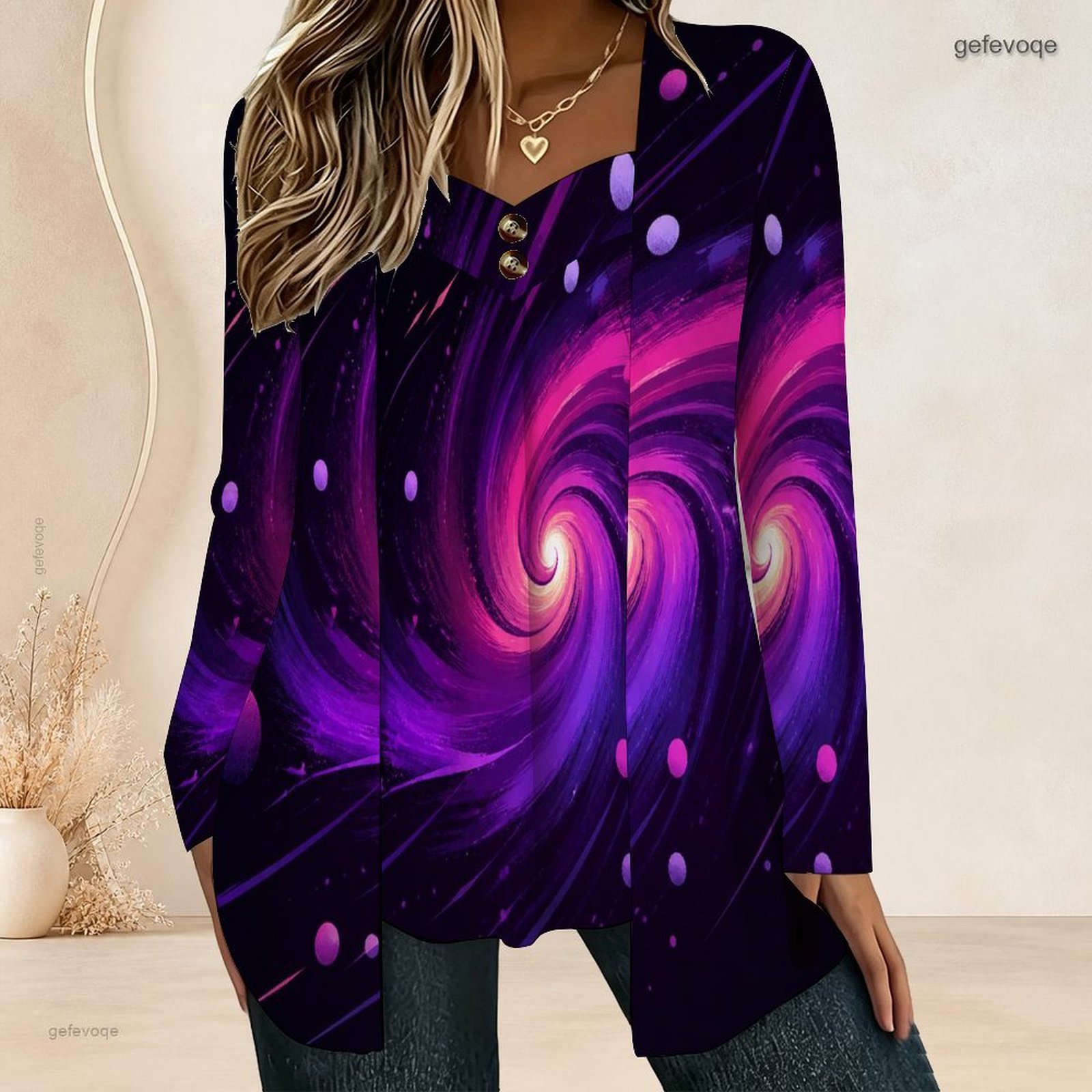 Blouses - レディースフェイクツーピース長袖ブラウス、キャミトップ付きオープンカーディガン、Vネックボタンディテール、プリーツフロントルーズチュニック、オーバーサイズ