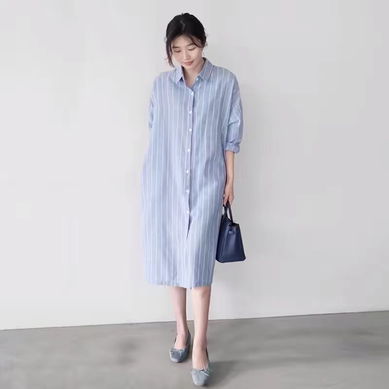 Korean Style A Line Shirt Dress - ブルーストライプシャツドレス女性のルーズカジュアルロングオーバーニー春秋コットンAラインスカートスタイル韓国語版ポロ襟
