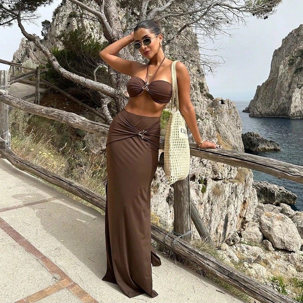 Swimwear - 女性用ノースリーブタンキニビキニ、ホルターネック、ハイウエスト、ツーピース水着、ルーシュド・ラップフロント、ソリッドカラーのボトム付き水着セット