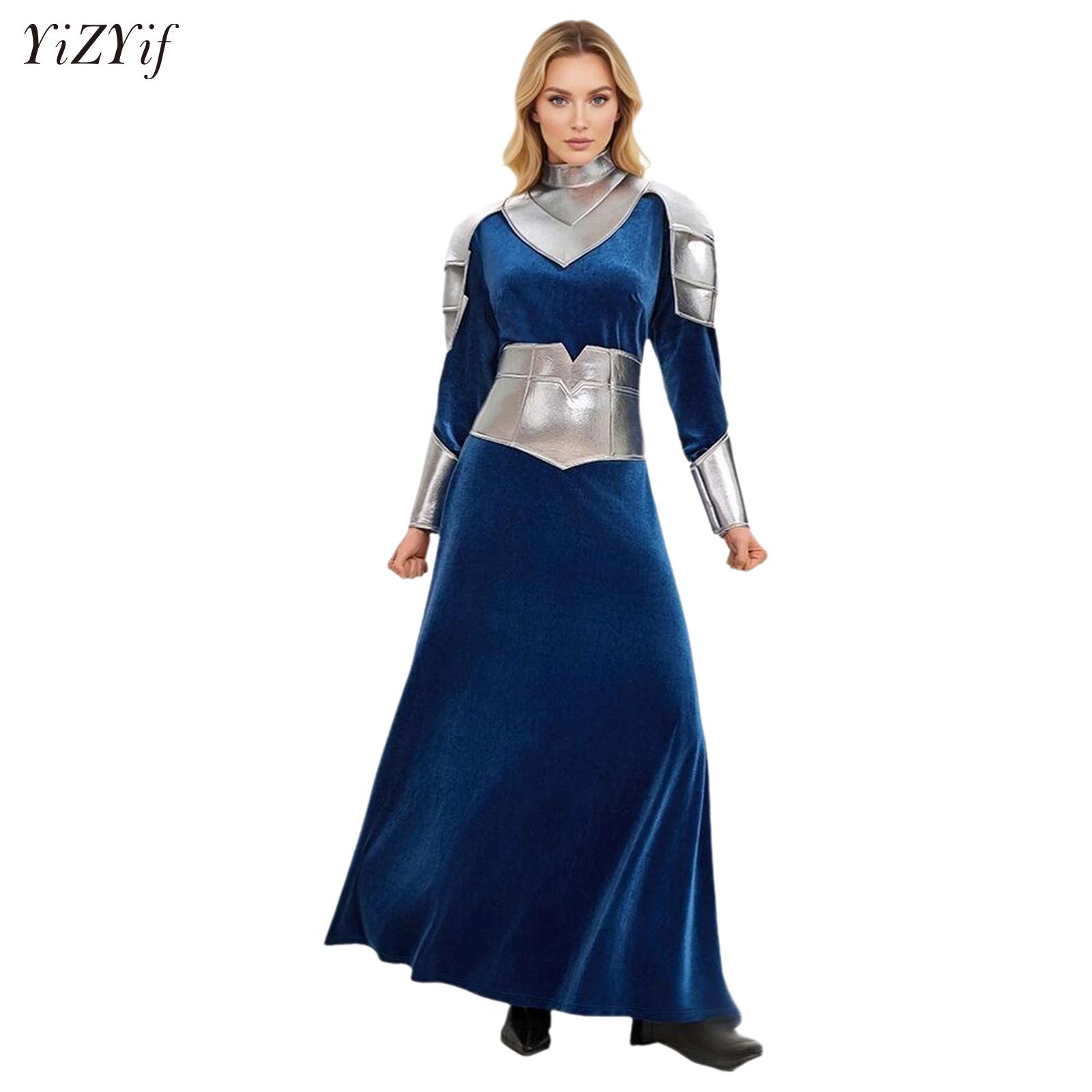 Dresses - 女性用、中世の戦士コスチューム。長袖のベルベットドレスで、肩当て、腰当て、袖口が付いています。ロールプレイング、テーマパーティー、ハロウィーンに最適。