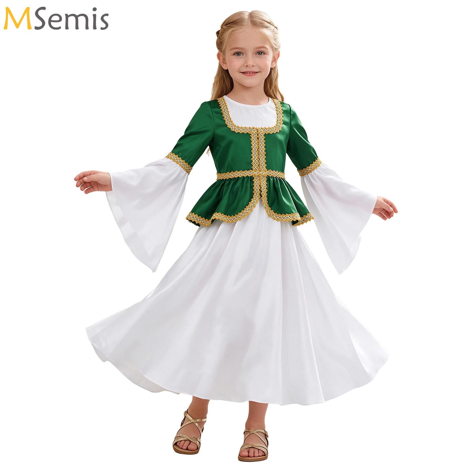 Dresses - 長袖フレア、中世風プリンセス、カーニバルパーティー、子供用、レトロ・ルネサンス風、ペプラムドレス、女王コスプレ衣装。