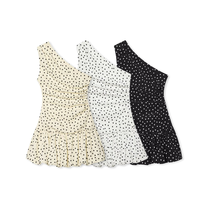 French Vintage Floral Midi Dress - 女性ワンショルダーノースリーブポルカドットミニドレスシャーリングウエストフリル裾エレガントカジュアルパーティーショートドレス春夏