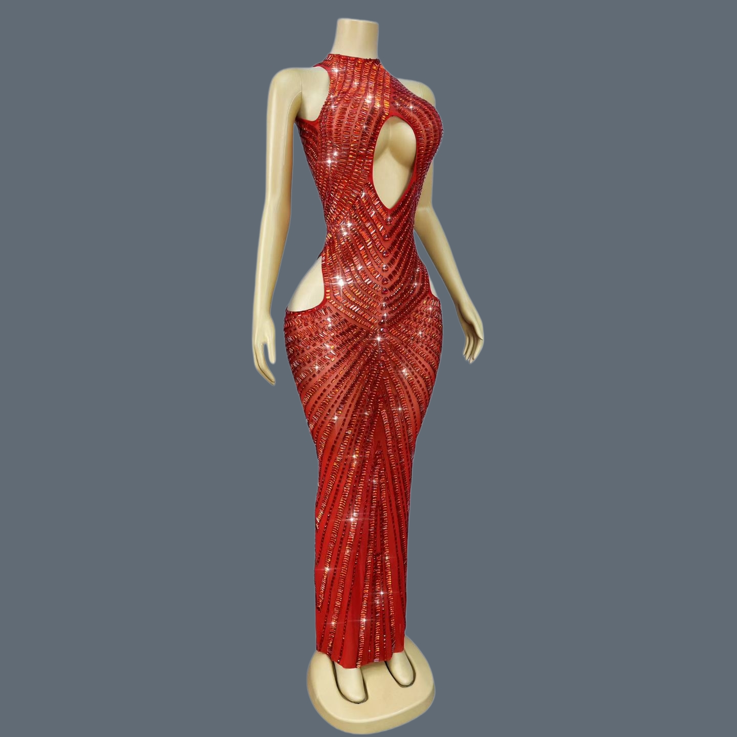 Sparkly Rhinestone Club Party Dress - 豪華な赤いラインストーン装飾の透かし彫りマーメイドドレス、キラキラ輝くステージパフォーマンス衣装、セクシーなプロムパーティー、クラブ、イブニングガウン、チャンリアンティアオ