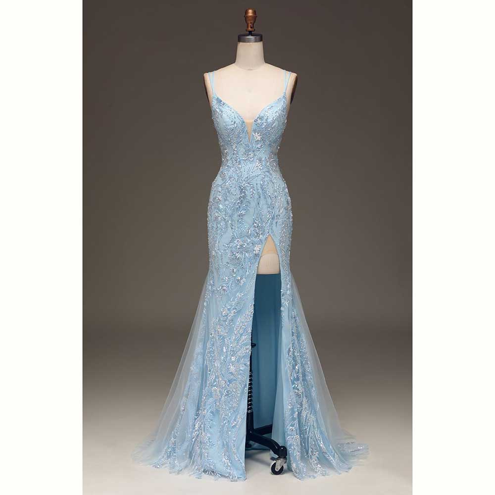エレガントなライトブルーサテン女性イブニングパーティードレス - Elegant Satin Evening Gown Split のレビューと価格