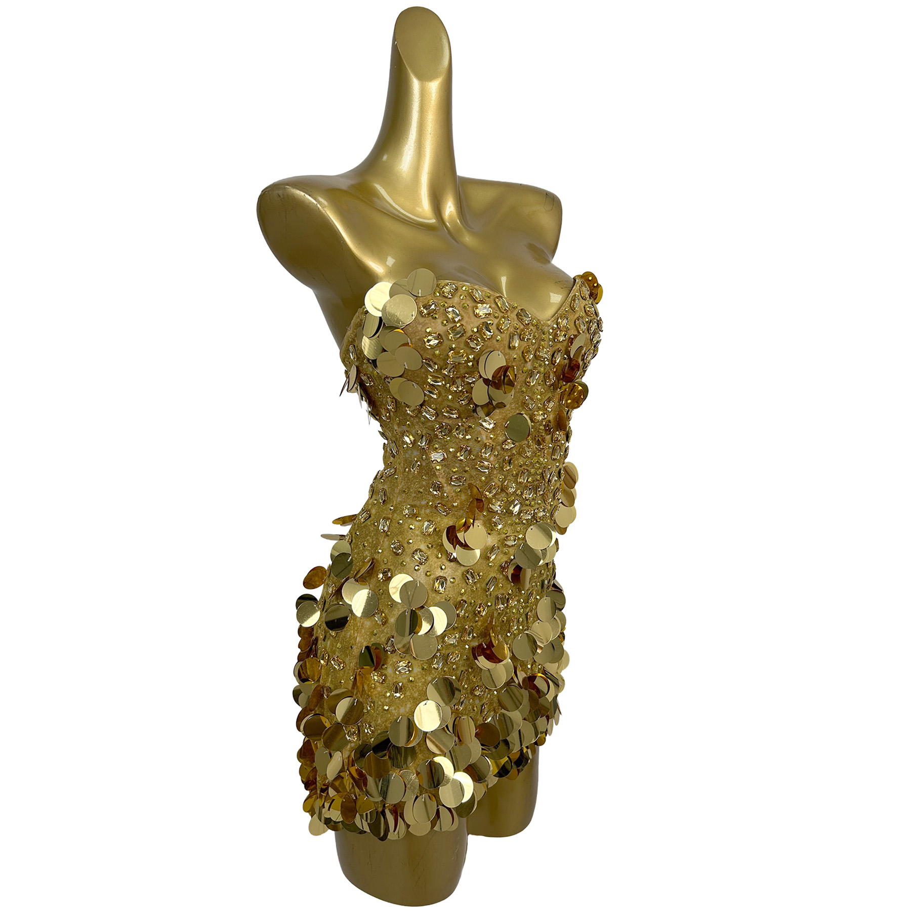 きらめくゴールドのクリスタルがあしらわれた、ストラップレスの - Sparkly Rhinestone Club Party Dress のレビューと価格