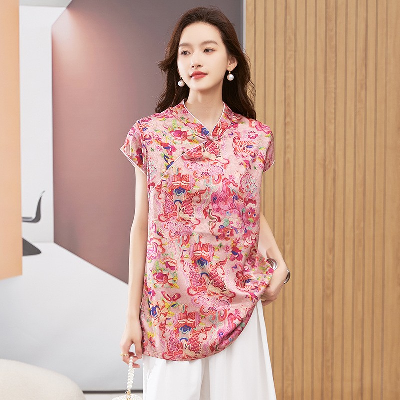 女性用ブラウス半袖ラウンドネックトップマンダリンカラーチュニ - Blouses のレビューと価格