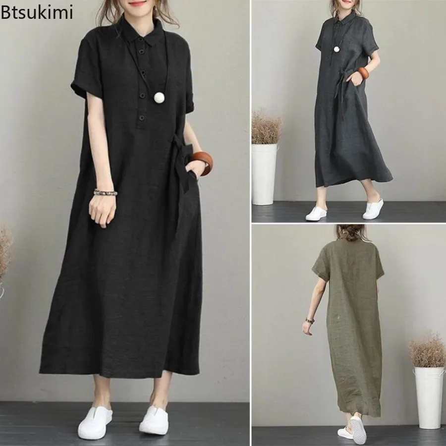2026 夏ドレスシンプルなヴィンテージコットンリネンロング - Casual Loose Linen Shirt Dress のレビューと価格