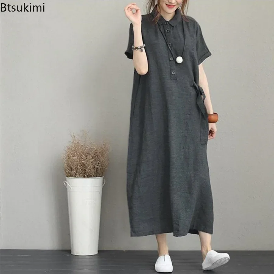 2026 夏ドレスシンプルなヴィンテージコットンリネンロング - Casual Loose Linen Shirt Dress のレビューと価格