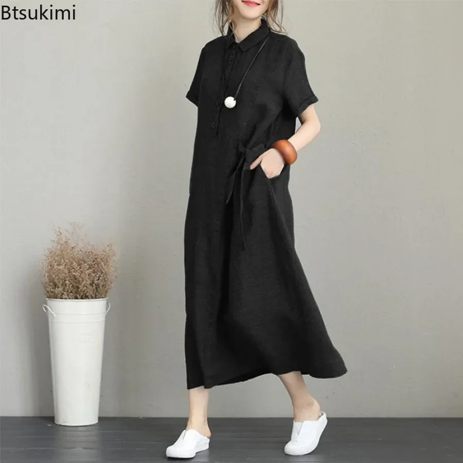2026 夏ドレスシンプルなヴィンテージコットンリネンロング - Casual Loose Linen Shirt Dress のレビューと価格