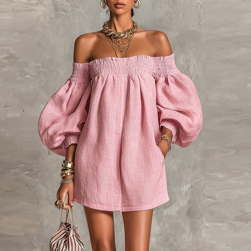 女性用 オフショルダー 新作ドレス ロングパフスリーブ スモ - Off Shoulder Puff Sleeve Sundress のレビューと価格