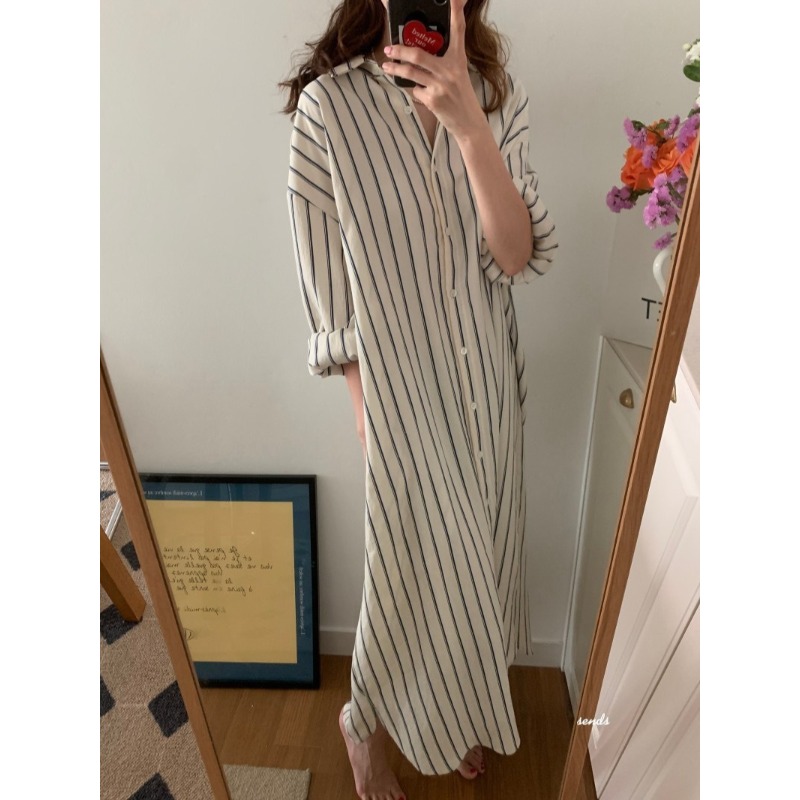 韓国ミニマリストルーズカラーストライプレイジースタイルドレス - Korean Style A Line Shirt Dress のレビューと価格