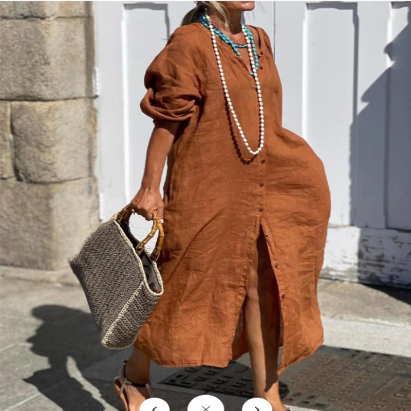 ファッションエレガントな春のコットンリネンドレス女性のターン - Casual Loose Linen Shirt Dress のレビューと価格