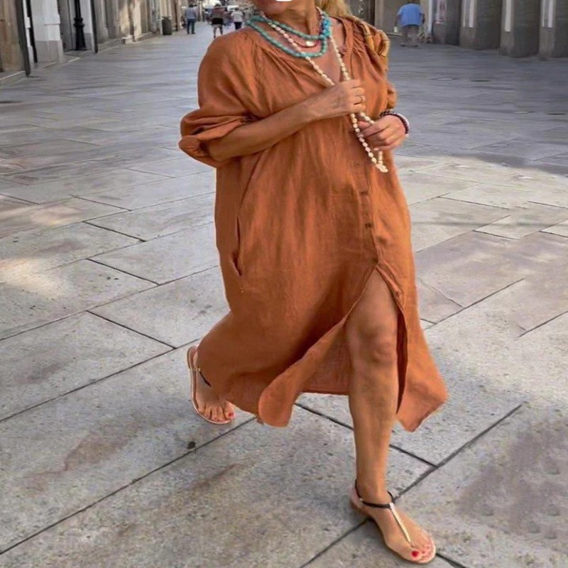 ファッションエレガントな春のコットンリネンドレス女性のターン - Casual Loose Linen Shirt Dress のレビューと価格