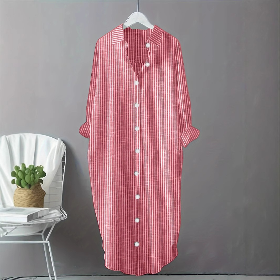 ヴィンテージ風コットンリネンストライプシャツワンピース レデ - Casual Loose Linen Shirt Dress のレビューと価格