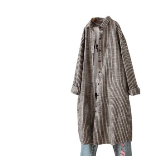 ヴィンテージ風コットンリネンストライプシャツワンピース レデ - Casual Loose Linen Shirt Dress のレビューと価格