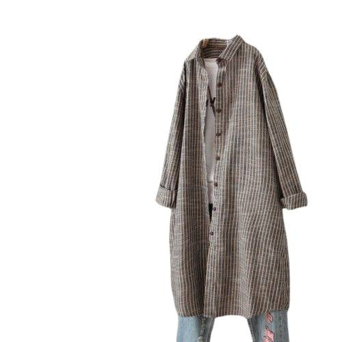 ヴィンテージ風コットンリネンストライプシャツワンピース レデ - Casual Loose Linen Shirt Dress のレビューと価格
