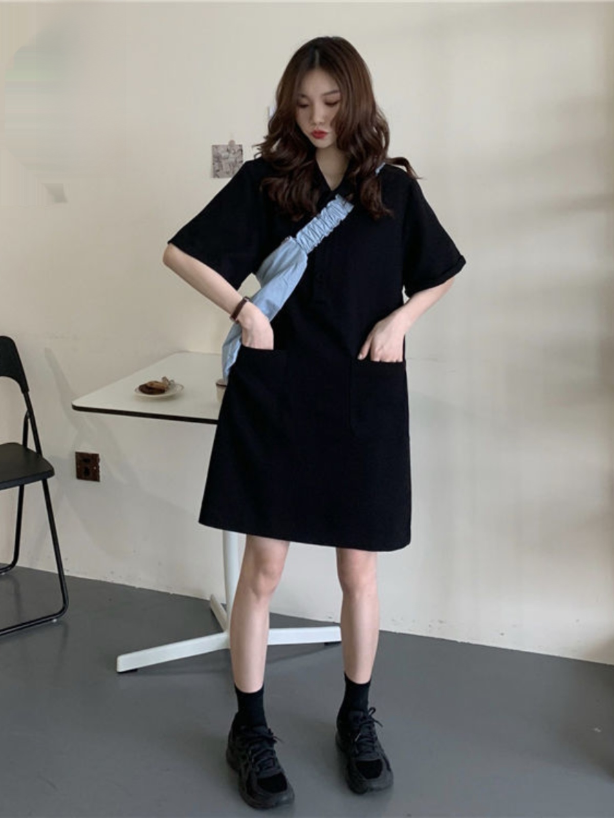 プラスサイズ A ラインドレス ポロ襟半袖サマーシャツドレス - Korean Style A Line Shirt Dress のレビューと価格