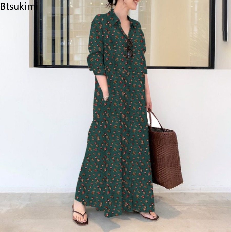 レディースプリントロングスタイルシャツワンピース 快適なコッ - Casual Loose Linen Shirt Dress のレビューと価格