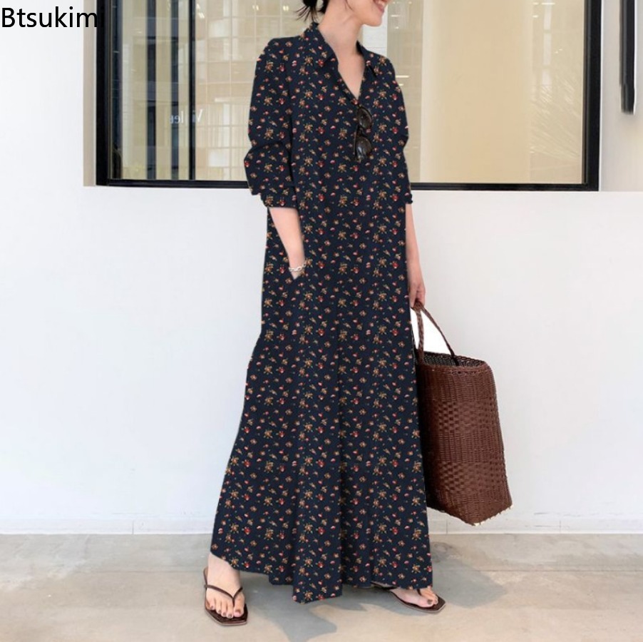 レディースプリントロングスタイルシャツワンピース 快適なコッ - Casual Loose Linen Shirt Dress のレビューと価格