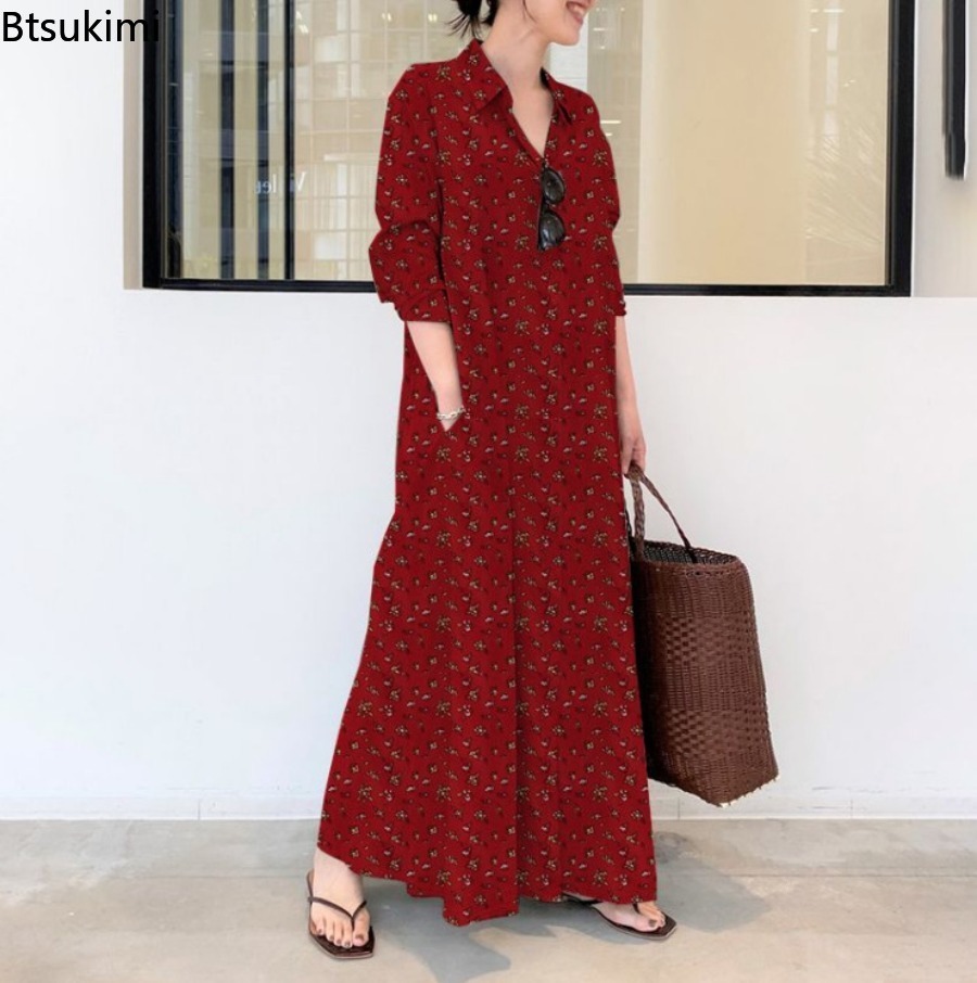 レディースプリントロングスタイルシャツワンピース 快適なコッ - Casual Loose Linen Shirt Dress のレビューと価格