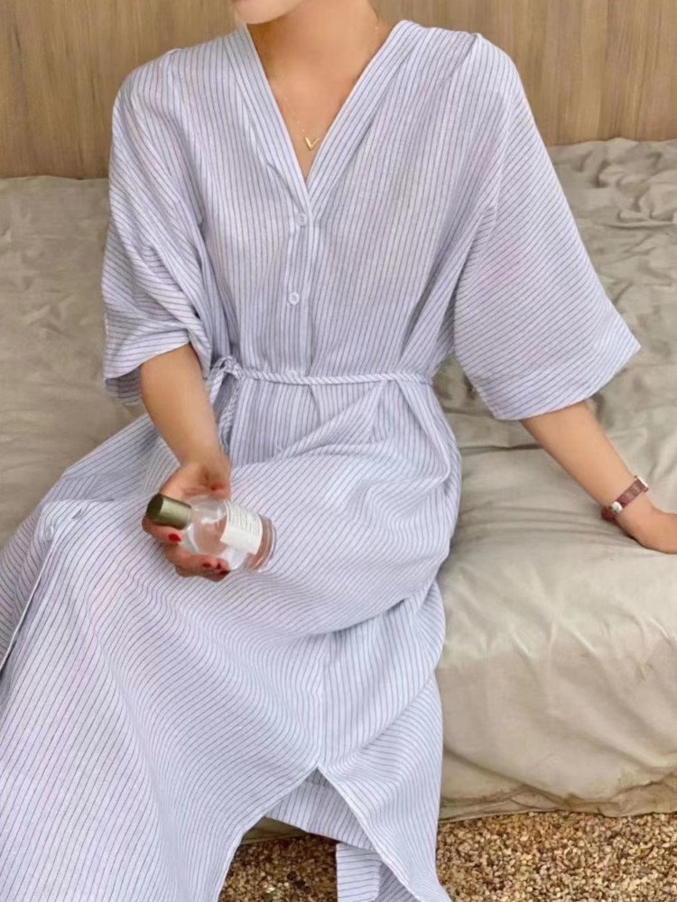 夏のヴィンテージストライプリネンシャツ女性ドレス新半袖カジュ - Casual Loose Linen Shirt Dress のレビューと価格
