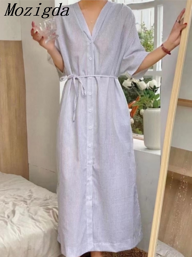 夏のヴィンテージストライプリネンシャツ女性ドレス新半袖カジュ - Casual Loose Linen Shirt Dress のレビューと価格
